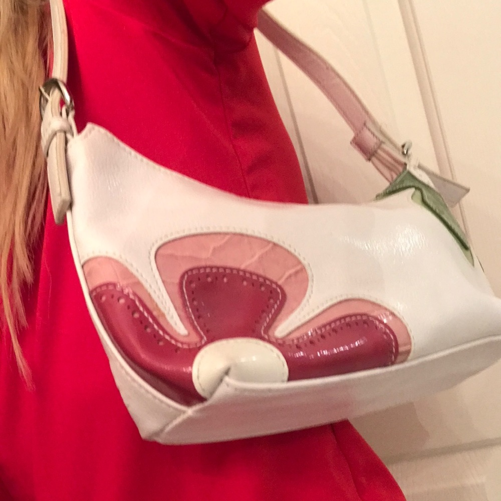 Small White & floral appliqué vegan patent leather look bag- like NEW